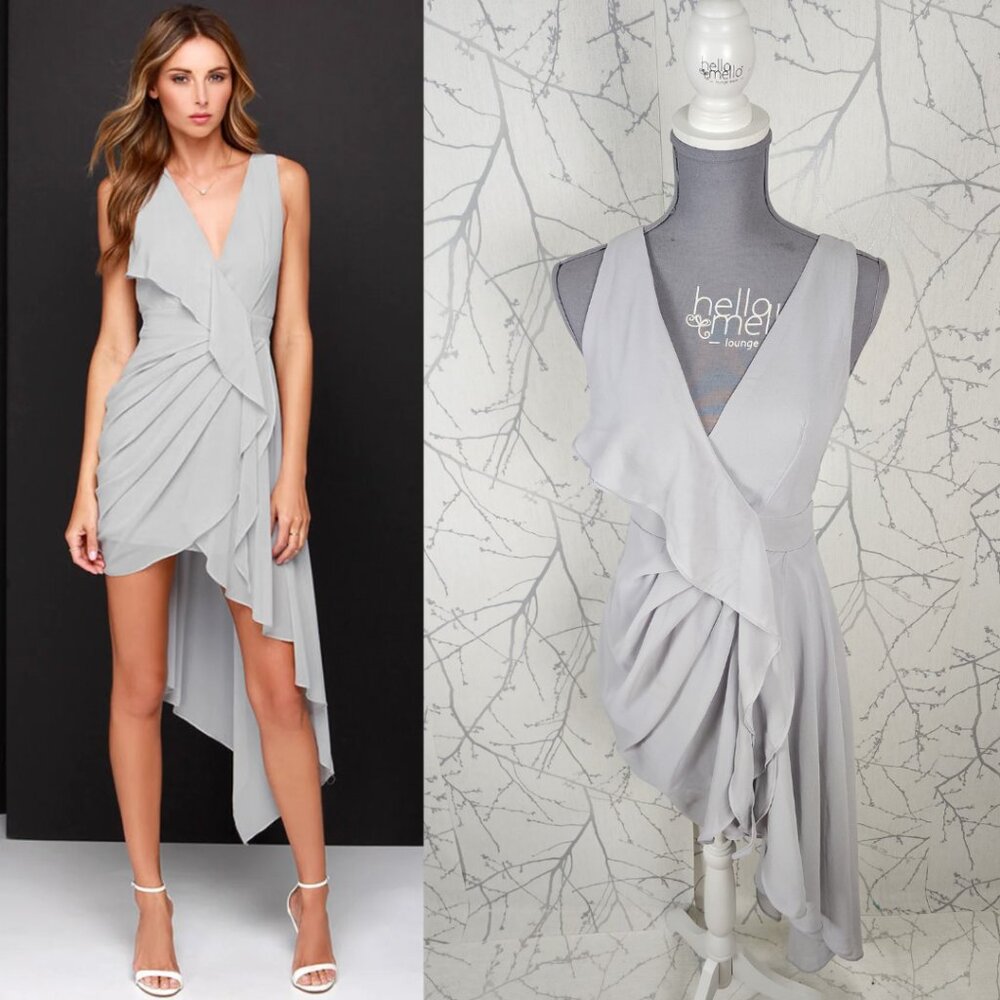 Lulu's Light Gray Pleated Ruffle Asymmetrical High Low Dress